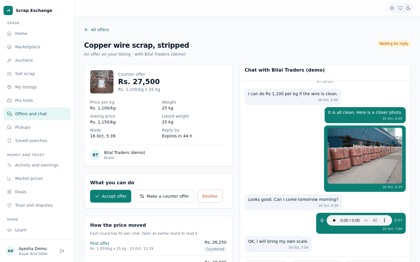 An offer with the price per kg, weight and chat